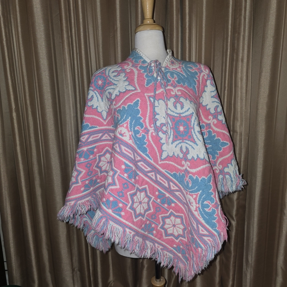 Pink and Blue Patterned  Blanket Poncho